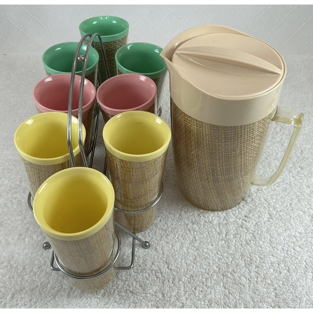 Vtg MCM Raffiaware Thermo-Temp Tumblers (Set of 8) w/Stand & Pitcher SEE DESCR